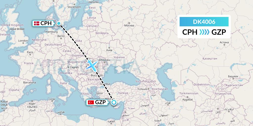 DK4006 Thomas Cook Airlines Scandinavia Flight Map: Copenhagen to Gazipasa