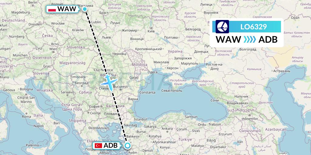 LO6329 LOT Flight Map: Warsaw to Izmir
