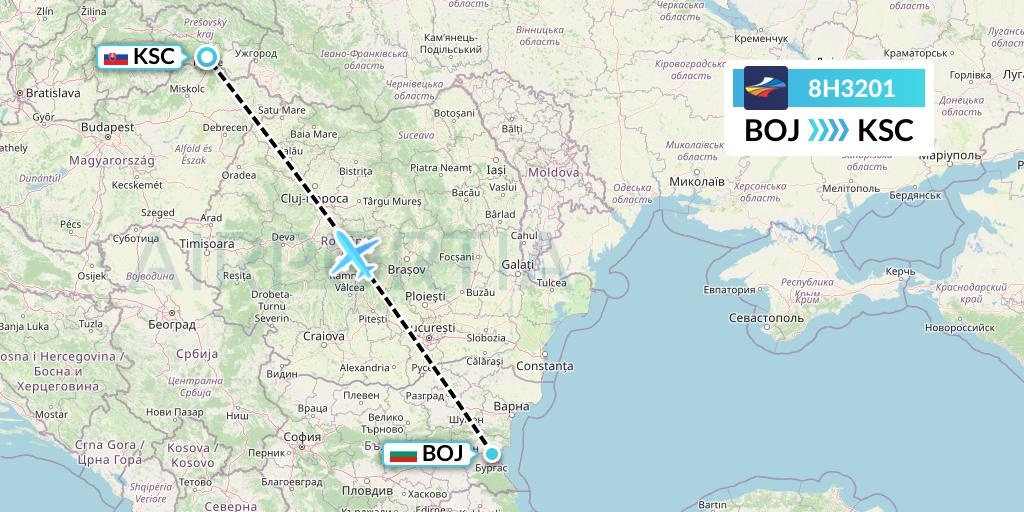 8H3201 BH Air Flight Map: Burgas to Kosice