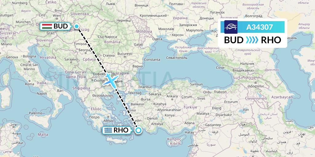 A34307 Aegean Airlines Flight Map: Budapest to Rhodes