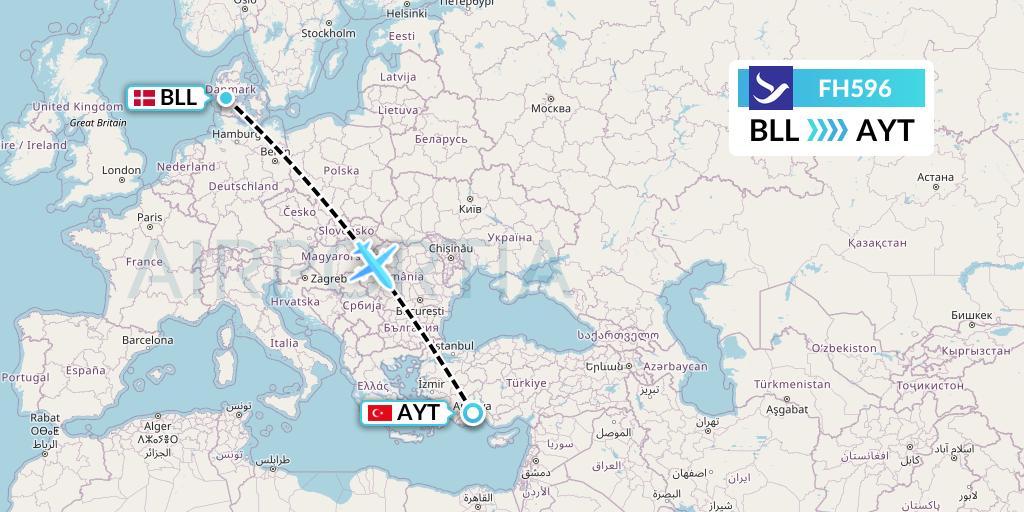 FH596 Freebird Airlines Flight Map: Billund to Antalya