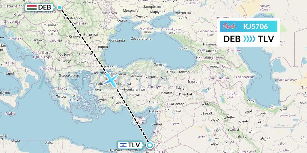 KJ5706 Air Incheon Flight Map: Debrecen to Tel Aviv