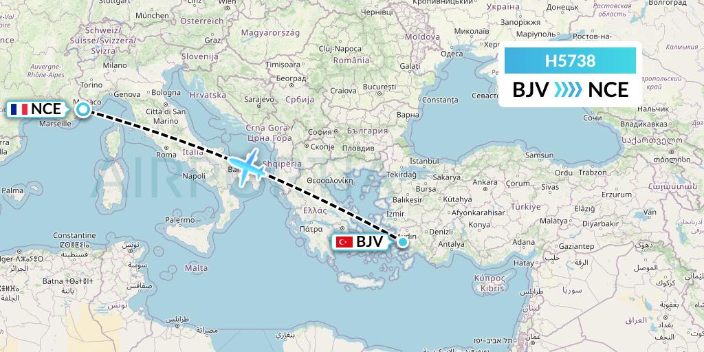 H5738 MAVIAL - Magadan Airlines Flight Map: Bodrum to Nice
