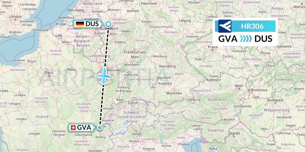 HR306 Hahn Air Flight Map: Geneva to Dusseldorf