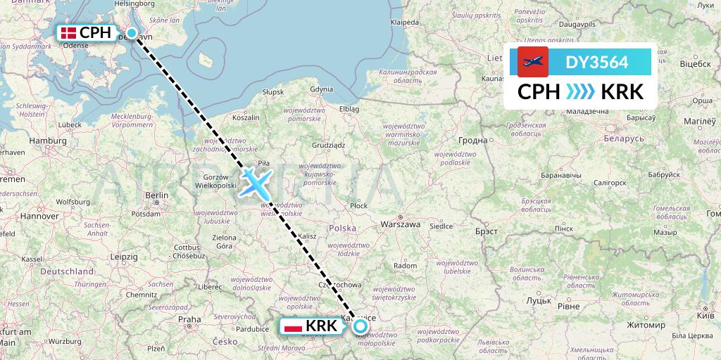 DY3564 Norwegian Flight Map: Copenhagen to Krakow