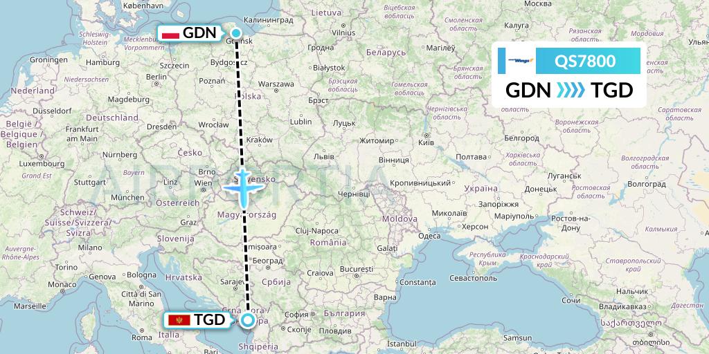 QS7800 Smartwings Flight Map: Gdansk to Podgorica
