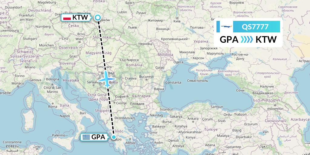 QS7777 Smartwings Flight Map: Patras to Katowice