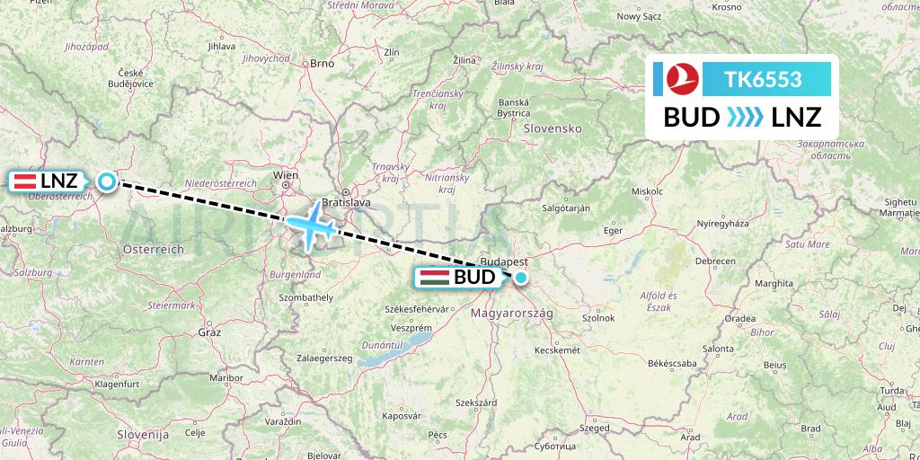 TK6553 Turkish Airlines Flight Map: Budapest to Linz