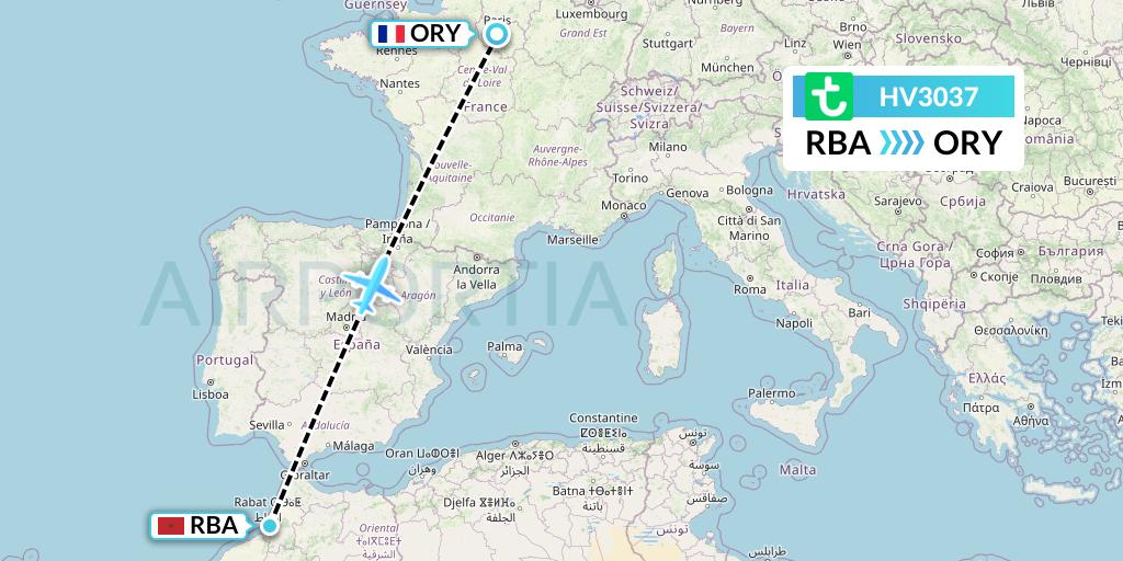 HV3037 Transavia Flight Map: Rabat to Paris