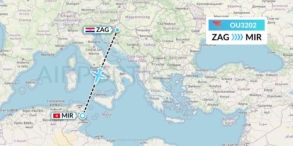 OU3202 Croatia Airlines Flight Map: Zagreb to Monastir