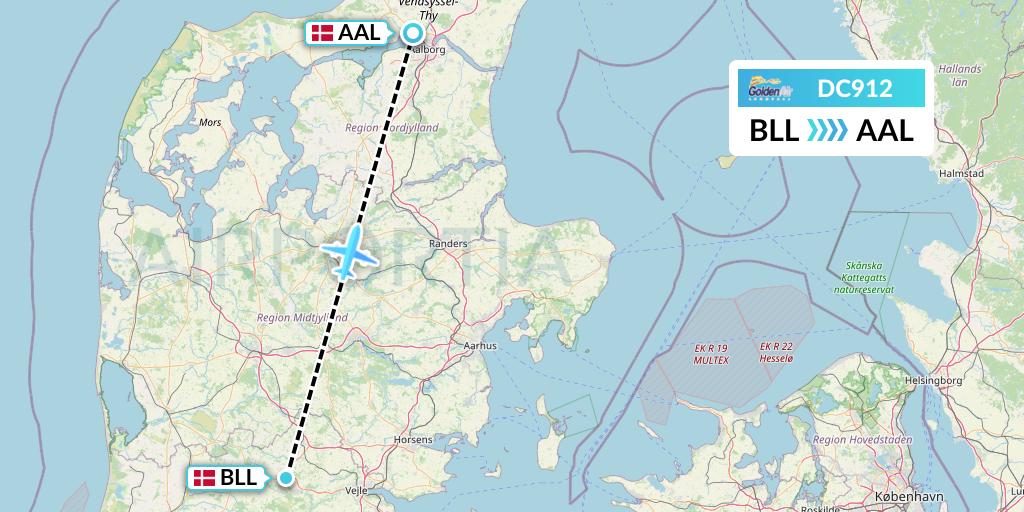 DC912 Braathens Regional Flight Map: Billund to Aalborg
