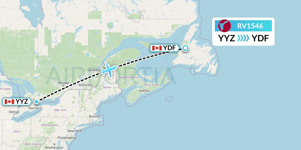 RV1546 Air Canada Rouge Flight Map: Toronto to Deer Lake