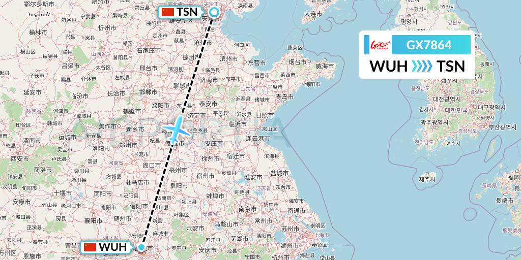 GX7864 GX Airlines Flight Map: Wuhan to Tianjin