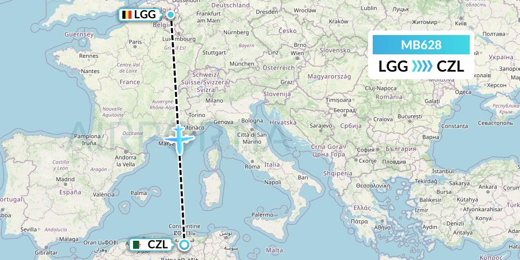MB628 MNG Airlines Flight Map: Liege to Constantine