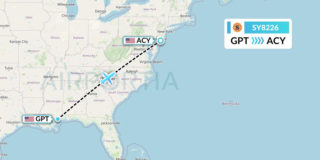 SY8226 Sun Country Airlines Flight Map: Gulfport to Atlantic City