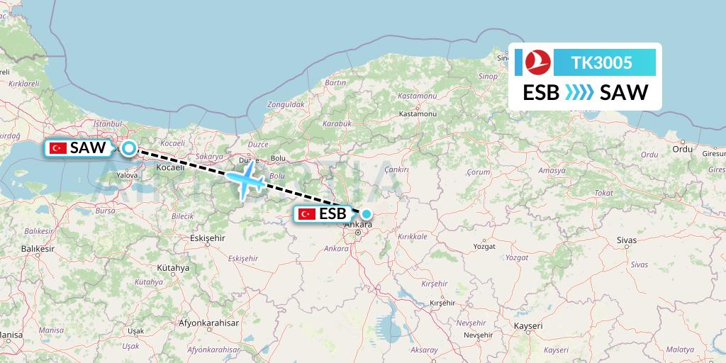 TK3005 Turkish Airlines Flight Map: Ankara to Istanbul