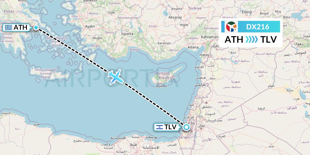 DX216 Danish Air Transport Flight Map: Athens to Tel Aviv