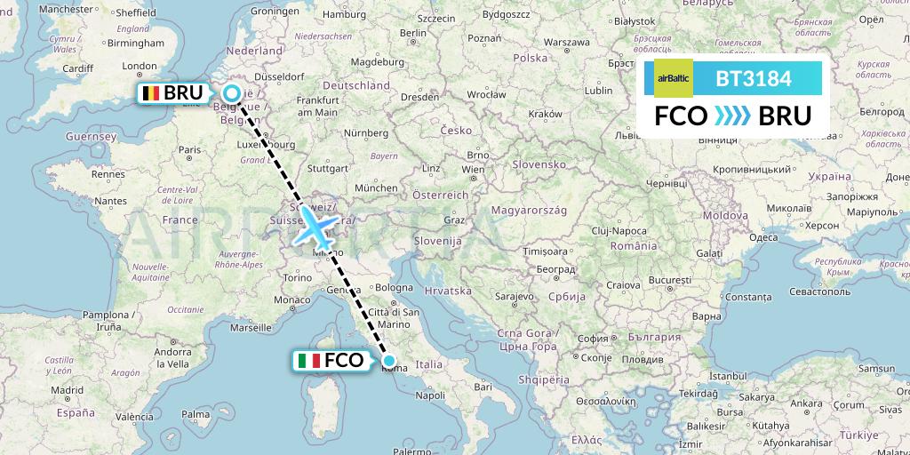 BT3184 Air Baltic Flight Map: Rome to Brussels