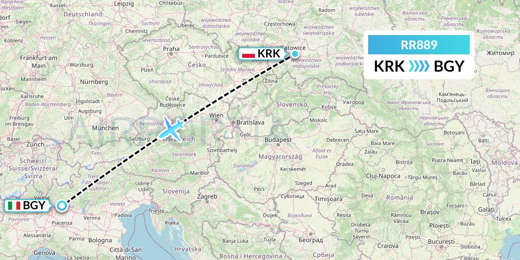 RR889 Royal Air Force Flight Map: Krakow to Milan