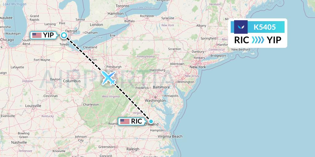 K5405 SeaPort Airlines Flight Map: Richmond to Detroit