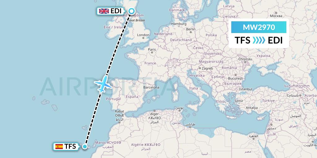 MW2970 Mokulele Flight Service Flight Map: Tenerife to Edinburgh