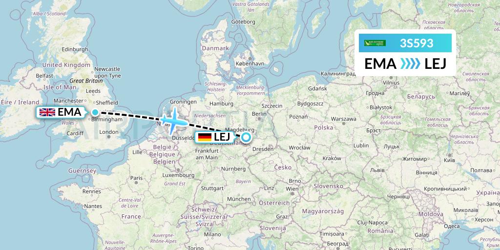 3S593 Air Antilles Express Flight Map: East Midlands to Leipzig