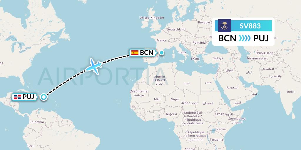 SV883 Saudi Arabian Airlines Flight Map: Barcelona to Punta Cana