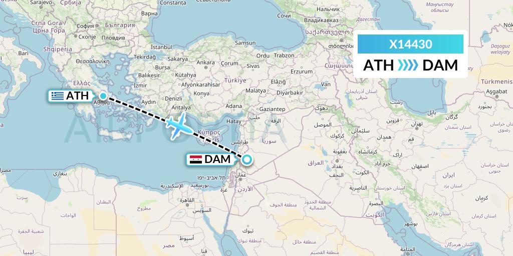 X14430 Nik Airways Flight Map: Athens to Damascus
