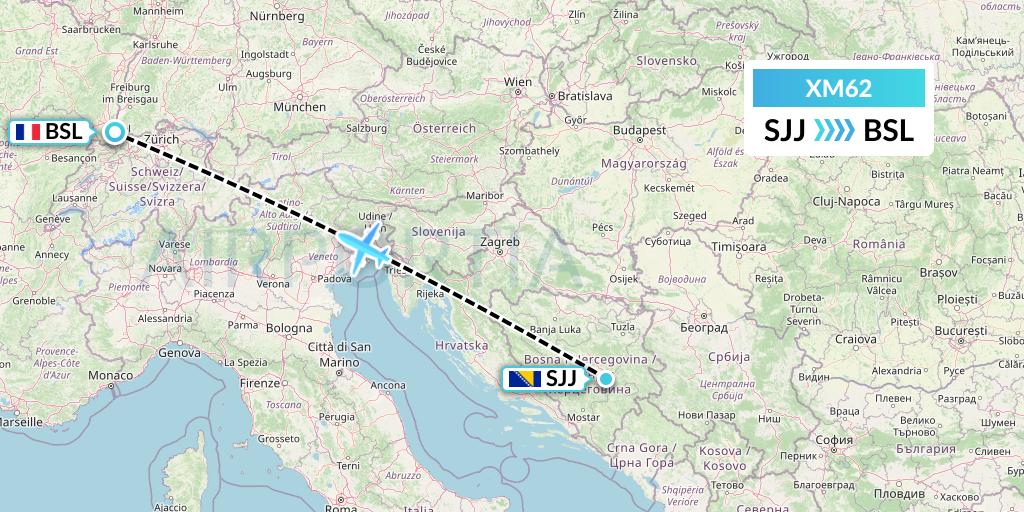 XM62 Zimex Aviation Ltd Flight Map: Sarajevo to Basel