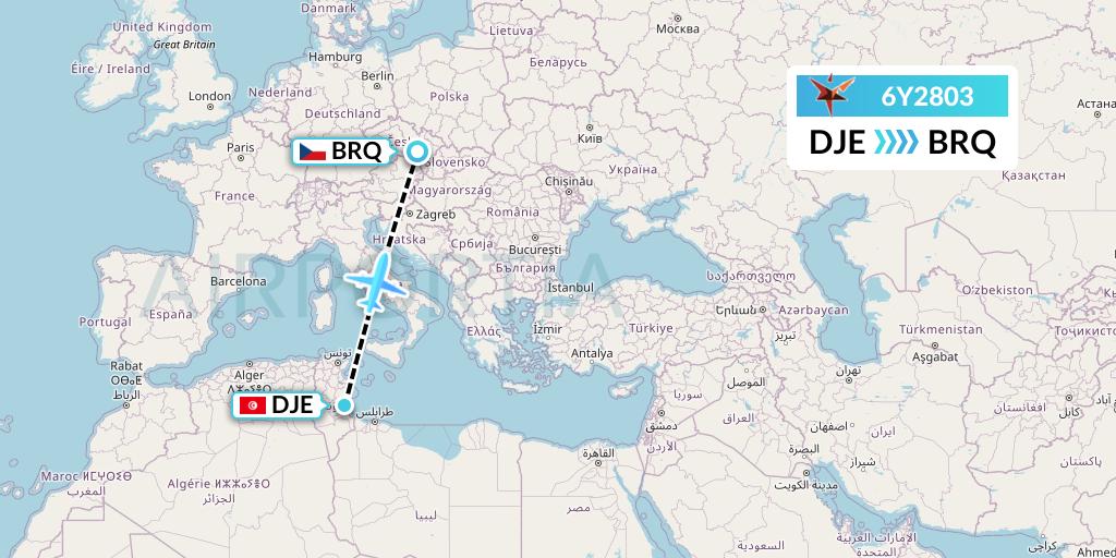 6Y2803 SmartLynx Flight Map: Djerba to Brno