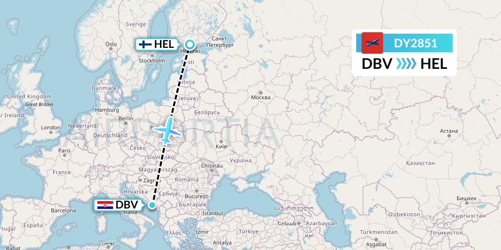 DY2851 Norwegian Flight Map: Dubrovnik to Helsinki