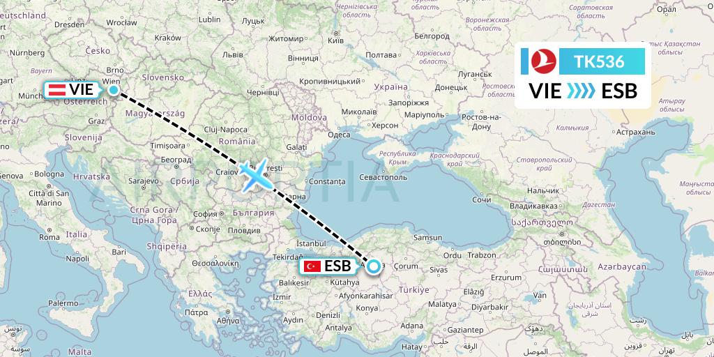 TK536 Turkish Airlines Flight Map: Vienna to Ankara
