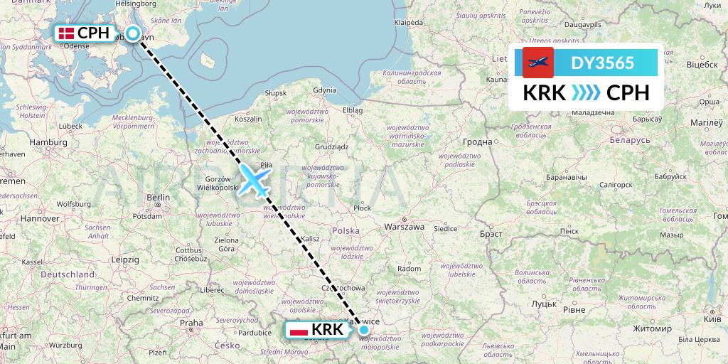DY3565 Norwegian Flight Map: Krakow to Copenhagen