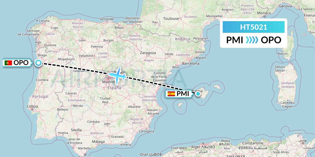 HT5021 Ningxia Cargo Airlines CO.,LTD Flight Map: Palma de Mallorca to Porto