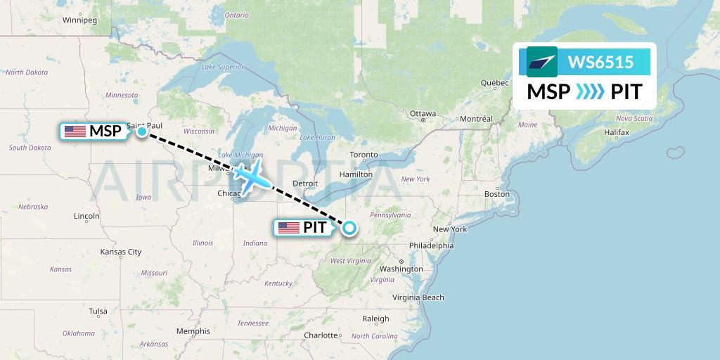 WS6515 WestJet Flight Map: Minneapolis to Pittsburgh