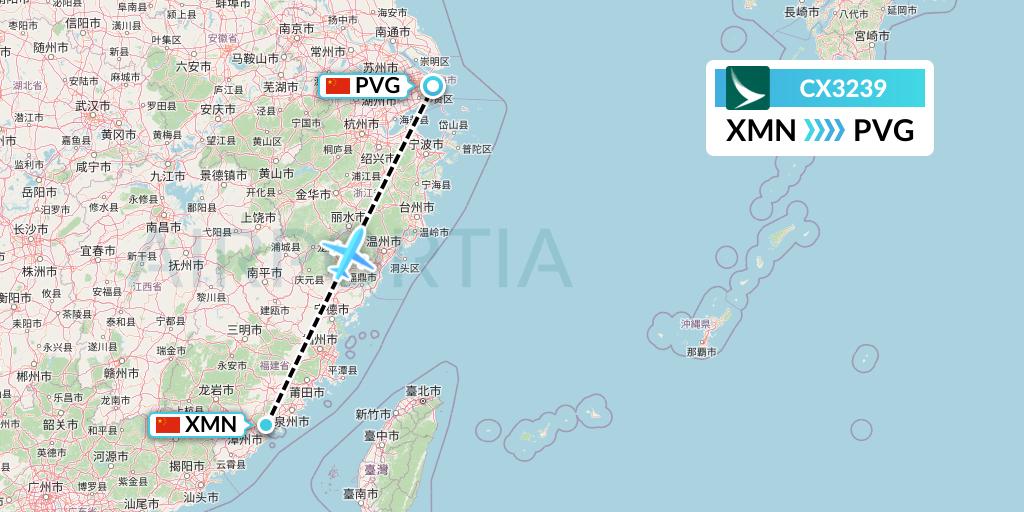 CX3239 Cathay Pacific Flight Map: Xiamen to Shanghai