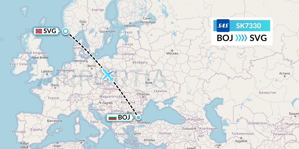 SK7330 SAS Flight Map: Burgas to Stavanger
