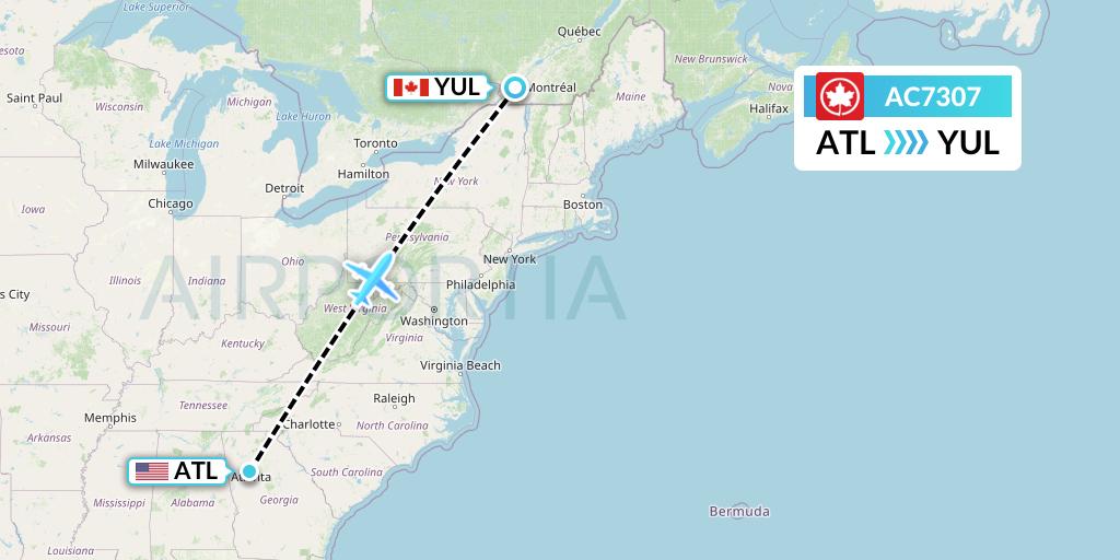 AC7307 Air Canada Flight Map: Atlanta to Montreal