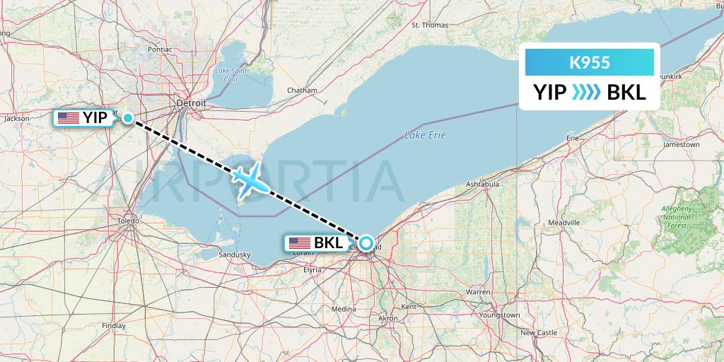 K955 Kalitta Charters Flight Map: Detroit to Cleveland