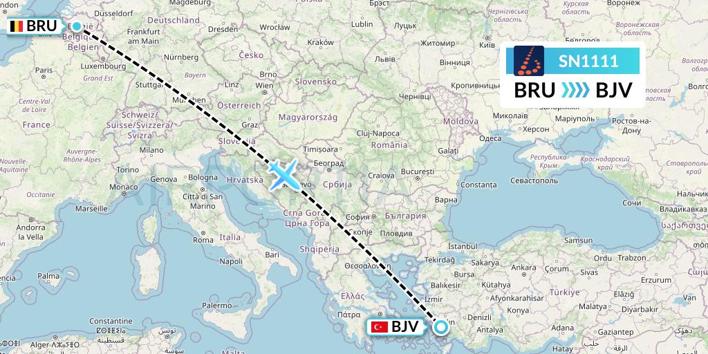 SN1111 Brussels Airlines Flight Map: Brussels to Bodrum