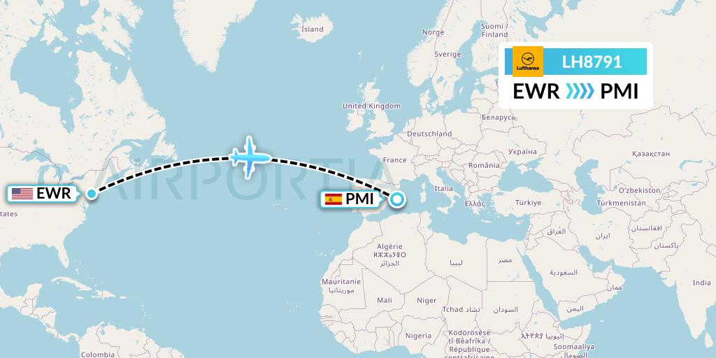 LH8791 Lufthansa Flight Map: New York to Palma de Mallorca