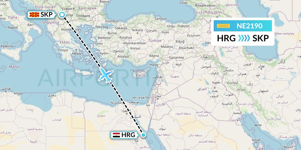 NE2190 Nesma Airlines Flight Map: Hurghada to Skopje