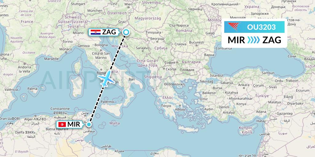 OU3203 Croatia Airlines Flight Map: Monastir to Zagreb