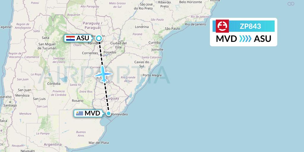 ZP843 Paranair Flight Map: Montevideo to Asuncion