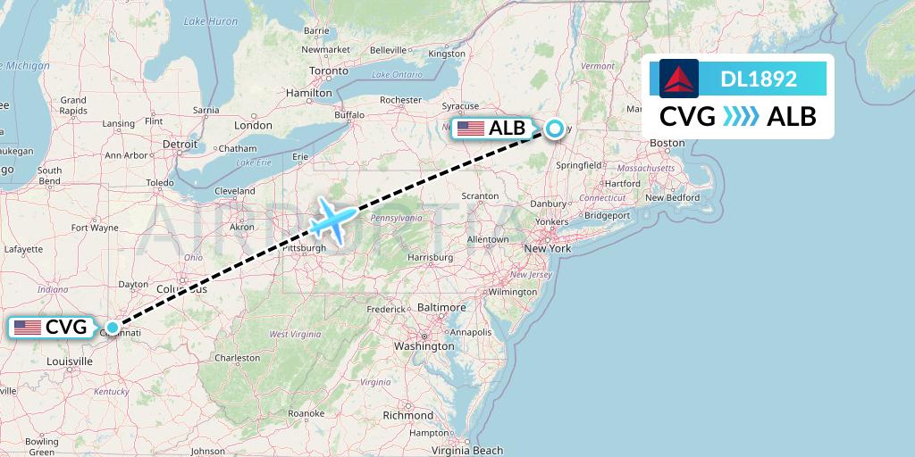 DL1892 Delta Air Lines Flight Map: Cincinnati to Albany