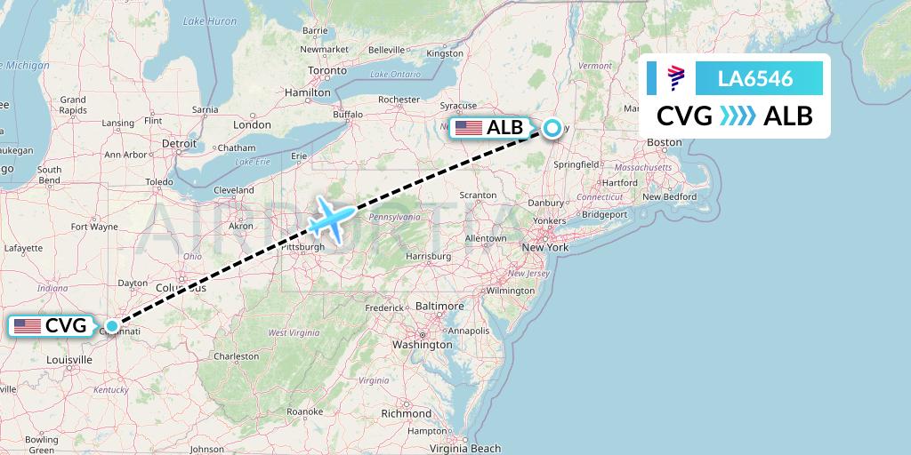 LA6546 LAN Airlines Flight Map: Cincinnati to Albany