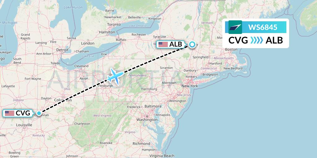 WS6845 WestJet Flight Map: Cincinnati to Albany