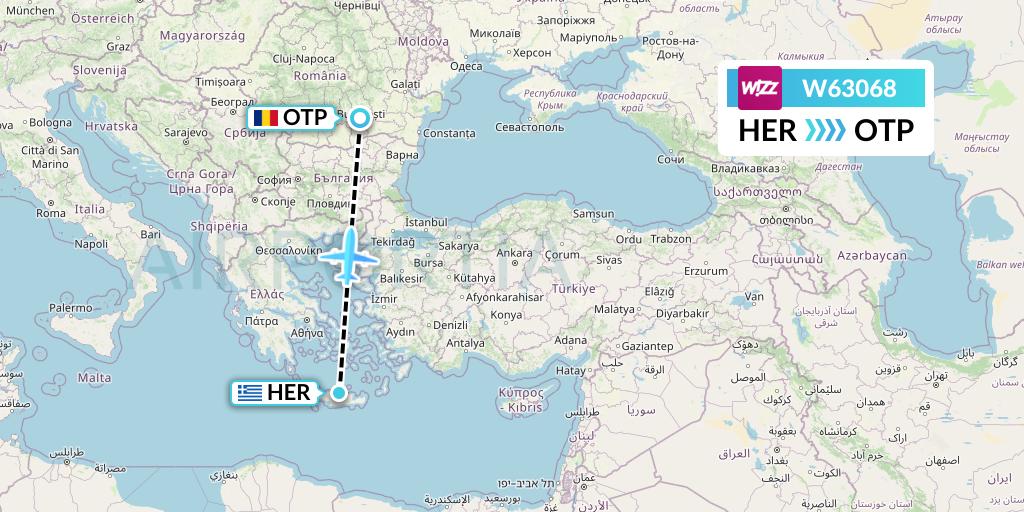 W63068 Wizz Air Flight Map: Heraklion to Bucharest
