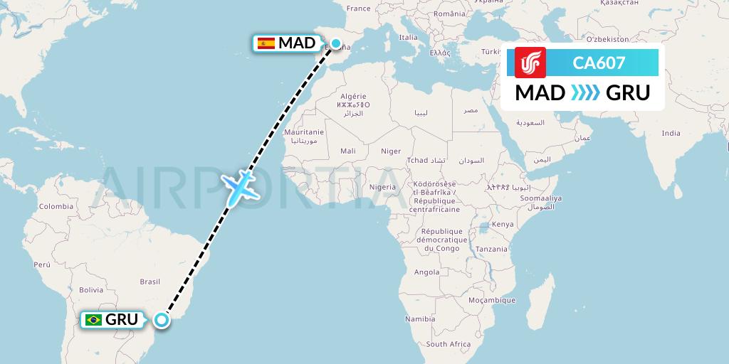 CA607 Air China Flight Map: Madrid to Sao Paulo