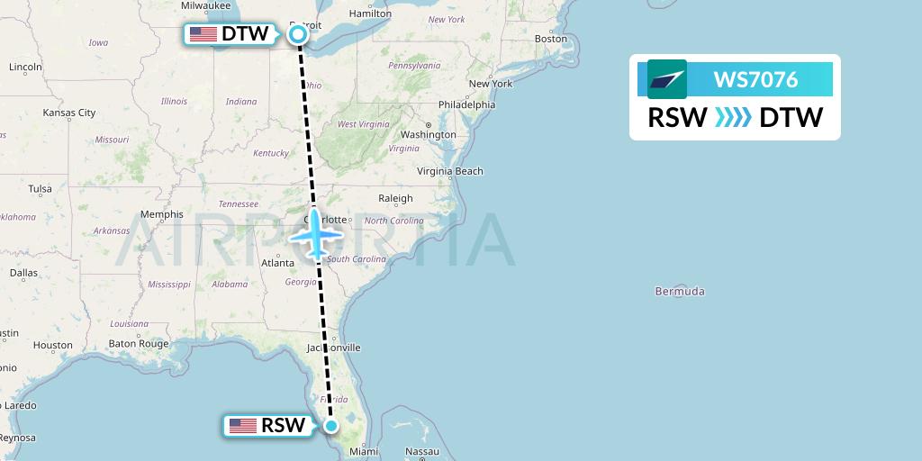 WS7076 WestJet Flight Map: Fort Myers to Detroit